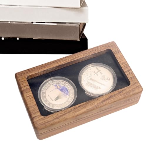 Monozoz Münzbox, Glücksmünz-Organizer aus Holz für Sammler, schwarze Walnuss-Abzeichen-Vitrine, Gedenk-Emblem-Organizer für Heimdekoration von Monozoz