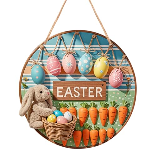 Monozoz Oster-Haustürschild, Holz-Türhänger | Happy Easter Haustürschild mit Seil, Osterhasen-Ei, Willkommensschild für Veranda, Hof, Garten von Monozoz
