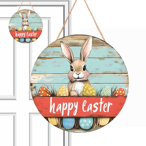 Monozoz Oster-Willkommensschild für den Außenbereich, Holz-Türhänger – Happy Easter Haustürschild mit Seil, Osterhasen-Ei, Willkommensschild für Veranda, Hof, Garten von Monozoz