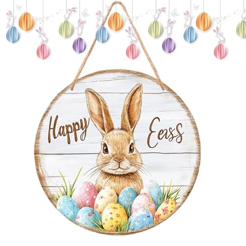 Monozoz Ostern Willkommensschild Holz Türhänger Happy Easter Haustürschild mit Seil Osterhase Ei Willkommen Holzschild für Veranda, Hof, Garten von Monozoz