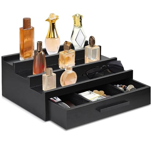 Monozoz Parfümregal aus Holz mit 3 Ebenen, klassischer Stil, abgestuftes mit Schublade, Organizer-Tablett für Schlafzimmer, Parfümständer, Organizer, Schwarz von Monozoz