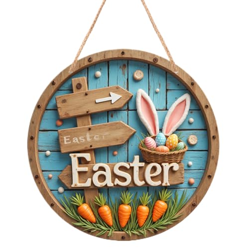 Monozoz Türschild "Happy Easter", Holz-Türhänger – Happy Easter Haustürschild mit Seil, Osterhasen-Ei, Willkommensschild für Veranda, Hof, Garten von Monozoz