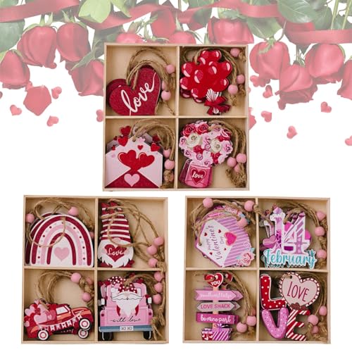 Monozoz Valentinstags-Ornamente für den Baum – 36 x hölzerne Feiertags-Herz-Dekorationen, hohle Valentinstags-Ballon-Ornamente, romantische Valentinstags-Herz-Dekoration mit Seil für Auto und Zuhause von Monozoz
