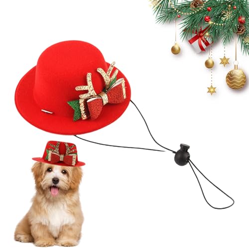 Monozoz Weihnachtsmütze für Haustiere, mit Fliege, Hirschmuster, verstellbare Weihnachtsdekoration, niedliches Haustierkostüm für Katze und Hund, Rot von Monozoz