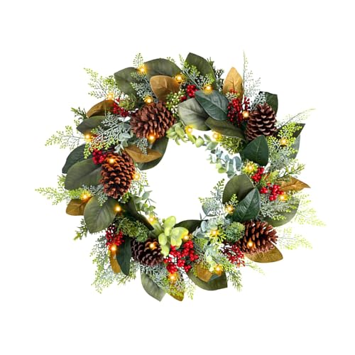 Monozoz Weihnachtstürkranz beleuchtet, natürliche Tannenzapfen Girlande, Weihnachtstürkranz Blätter Tannenzapfen Weihnachtskranz Dekorationen für Wandurlaub von Monozoz