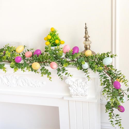 Ostereier-Girlande, 170 cm, für Frühlingsdekoration, Ostergirlande, hängende Ostereier-Girlanden mit pastellfarbenen Eiern, Zweigen und Beeren für Kaminsims, Heimdekoration, Innendekoration von Monozoz