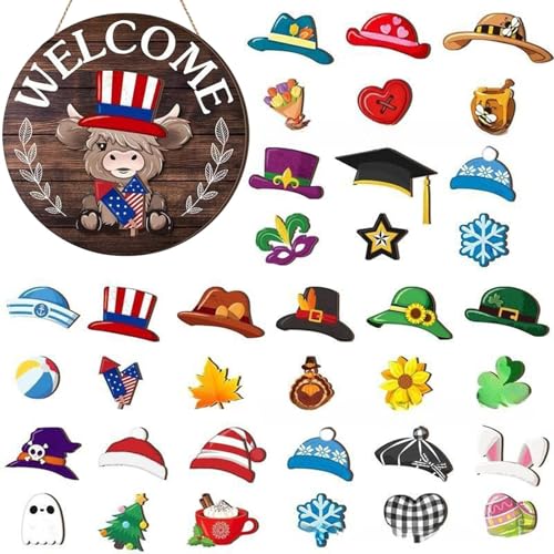 Patriotisches austauschbares Highland-Kuh-Willkommensschild zum Abschluss, zum Aufhängen, saisonaler Kuhkopf, Holz-Haustür-Dekoration mit 17 austauschbaren Hüten, 17 austauschbaren Magneten, 35 Stück von Monozoz