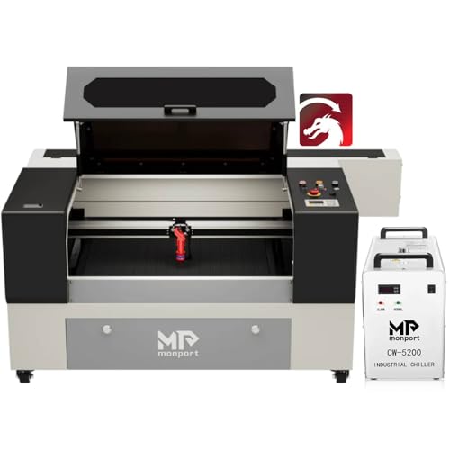 Monport 80W CO2 Laser Graviermaschine mit Wasser Kühler, Kommerzieller Co2 Laser mit PassThrough Doppeltisch für großer Projekte, Autofokus 700x500mm Laser Cutter mit Rollen für Glas Holz Metall usw. von Monport