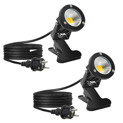 Monsing 7W LED Strahler Warmweiß 2700K mit Clip 2m Kabel mit Stecker Led Garten Beleuchtung Gartenleuchte Gartenstrahler Rasenstrahler IP65 Wasserdicht für Outdoor Hof Rasen (Warmweiß 2 Stücke) von Monsing