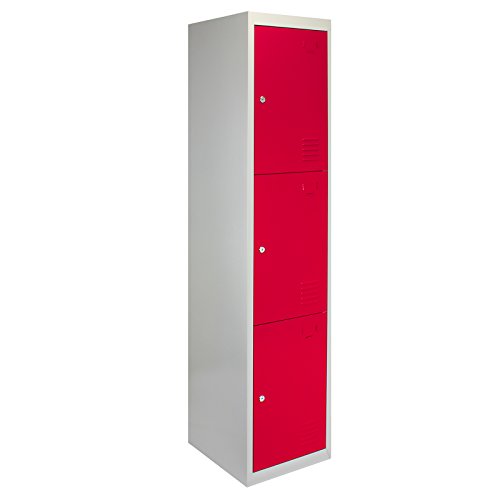 1x Schließfachschrank Spind Metallschrank Stahlschrank Umkleideschrank Schrank Locker Stahlspind Fächerschrank Aufbewahrung Turnhalle Schließfach Kleiderschrank 180cm H x 38cm L x 45cm B Rot 3-türig von Monster Shop