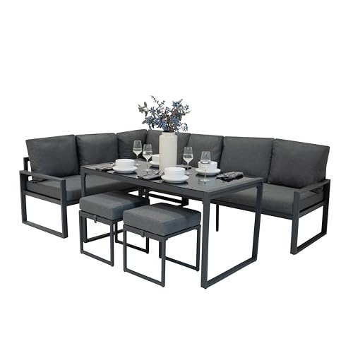 Garten Aluminium Möbelset Anthrazitgrau 7-Sitzer Outdoor Terrasse Lounge Sectional Ecksofa Glasplatten Esstisch 2 Hocker Dicke Polster mit Waschbaren Bezügen wasserdichte Regenabdeckung von Monster Shop