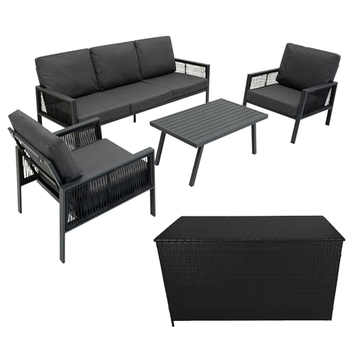 Gartenmöbel Set 4-teilig Anthrazitgrau mit Rattan Aufbewahrungsbox Schwarz – 3-Sitzer Sofa, 2 Armlehnsessel, Couchtisch, Kissen, 582L Gasdruckdeckel, Tragbar, Wasserdichte Regenabdeckung & Tragetasche von Monster Shop