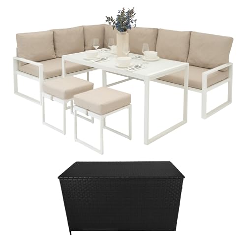 Gartenmöbel Set Weiß Aluminium mit Rattan Aufbewahrungsbox Schwarz – 7-Sitzer Ecksofa draußen mit Esstisch, Hockern, Kissen, 582L Gasdruckdeckel, Wasserdicht, Regenabdeckung & Tragetasche von Monster Shop