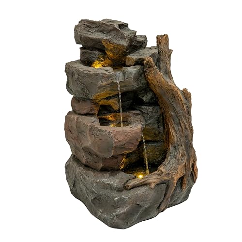 Kaskadierende Outdoor-Wasseranlage – Elektrischer Gartenbrunnen in Grau – 3 warmweiße LED-Leuchten – Netzbetriebene Pumpe – Deko für Garten & Zuhause – Willow Springs – Reinigungsbürste von Monster Shop
