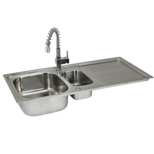 KuKoo Premium Edelstahl Einbauspüle Küchenspüle Spültisch mit Resteschale + Gratis herausziehbarer Rainbow Geschirrbrause Wasserhahn- Mischbatterie Thermostat-Mischarmatur + GRATIS Rohr-Installation von Monster Shop