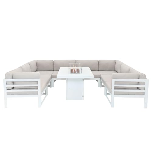 Modulares Gartenmöbel Set Groß Weiß 8-Sitzer U-Form Kissen-Sofa & Tisch mit Gas-Feuerstelle 9-teiliges Aluminium Lounge Sitz- und Essbereich Outdoor Patio Eckset mit wasserdichter Regenabdeckung von Monster Shop