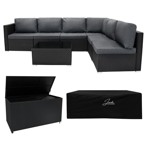 Rattan Gartenmöbel 7-teiliges Set & 996L Aufbewahrungsbox Schwarz 5-Sitzer Sofa Ecksofa Stühle mit Kissen, Tisch, wasserdichte Innenauskleidung, Truhe, Gaslift-Deckel, Rollen, Regenabdeckung von Monster Shop