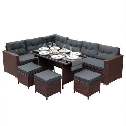 Sitzgruppe Lounge Gartenmöbel Sitzecke Rattan Polyrattan Gartengarnitur Braun Ecksofa Hocker Tisch mit Glasplatte UV-Schutz Wasserdicht Graue Sitzkissen Rückenkissen Garten GRATIS Regenshutzhülle von Monster Shop