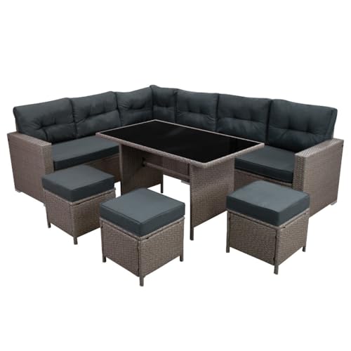 Sitzgruppe Lounge Gartenmöbel Sitzecke Rattan Polyrattan Gartengarnitur Grau Ecksofa Hocker Tisch mit Glasplatte UV-Schutz Wasserdicht Graue Sitzkissen Rückenkissen Garten GRATIS Regenshutzhülle von Monster Shop