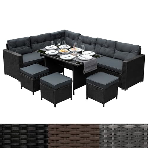 Sitzgruppe Lounge Gartenmöbel Sitzecke Rattan Polyrattan Gartengarnitur Schwarz Ecksofa Hocker Tisch mit Glasplatte UV-Schutz Wasserdicht Graue Sitzkissen Rückenkissen Garten GRATIS Regenshutzhülle von Monster Shop