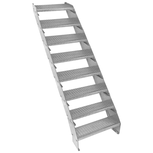Verzinkter Stahl Treppe 8 Stufen | Erweiterbar mit zusätzlicher Gitterrost-Stufen & Höhenverstellbar | Wetterfest, Robust & Modular | für Außen Garten Terrasse | GRATIS Befestigungssatz [60cm breit] von Monster Shop