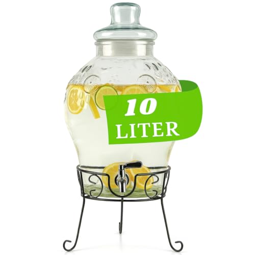 Monster24 10 Liter Getränkespender mit tropfsicherem Zapfhahn aus Edelstahl – Wasserspender, Bowle-Gefäß aus Glas mit stabilem Metallständer und Glasdeckel – BPA-freier Limonadenspender von Monster24