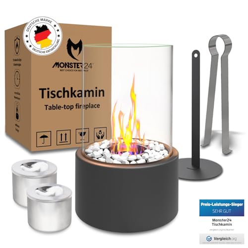 Monster24 Einzigartiger Tischkamin | Tischfeuer mit Deko Steinen und 2 Brennkammern für unendliche Brenndauer | Bio Ethanol Kamin Indoor & Outdoor | Balkon Deko | EN 16647:2015 Zertifiziert von Monster24