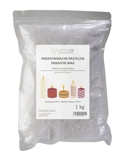 Monster24 - Paraffinwachs Pastillen 1 Kg für Kerzen, Tischfeuer etc. weißes Kerzenwachs zum Gießen und Nachfüllen eigener Kerzenkreationen, Wachs Granulat Pastillen für Gartenfackeln Schmelzpunkt 56°C von Monster24