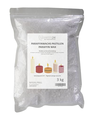 Monster24 - Paraffinwachs Pastillen 3 Kg für Kerzen, Tischfeuer etc. weißes Kerzenwachs zum Gießen und Nachfüllen eigener Kerzenkreationen, Wachs Granulat Pastillen für Gartenfackeln Schmelzpunkt 56°C von Monster24