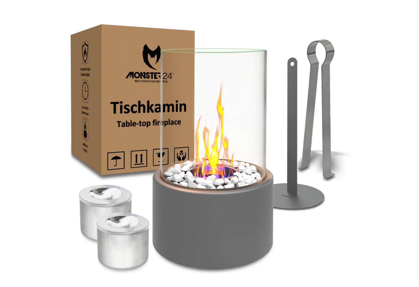 Monster24 Tischfeuer Bio-Ethanol Tischkamin für Indoor & Outdoor, Echtfeuer-Dekokamin (Höhe 26 cm / Durchmesser 16 cm) von Monster24