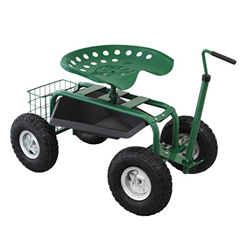 Gartensitz Fahrbarer Gartenwagen mit Sitz 150kg Sitzwagen Gartenhocker Rollwagen Rollsitz Gartenhelfer Grün Scooter Profi mit Werkzeugfach und Korb Kniebank von Monster Shop