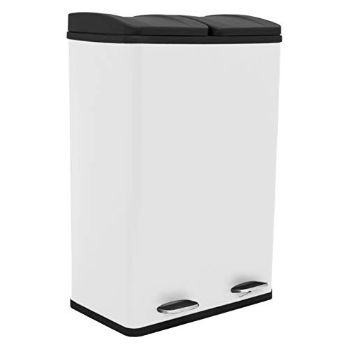 Monster Shop Doppel Tretmülleimer Edelstahl 60 L Mülltrennsystem Mülleimer Papierkorb Abfalleimer Recycling 2 Fächer herausnehmbar Pedal Bin Weiß von Monster Shop