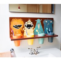 Wandregal Mit Zahnputzbechern Im Monster-Design, Zahnbürstenhalter, Zahnbürstenhalter Aus Holz Handbemalt von Monsterstube