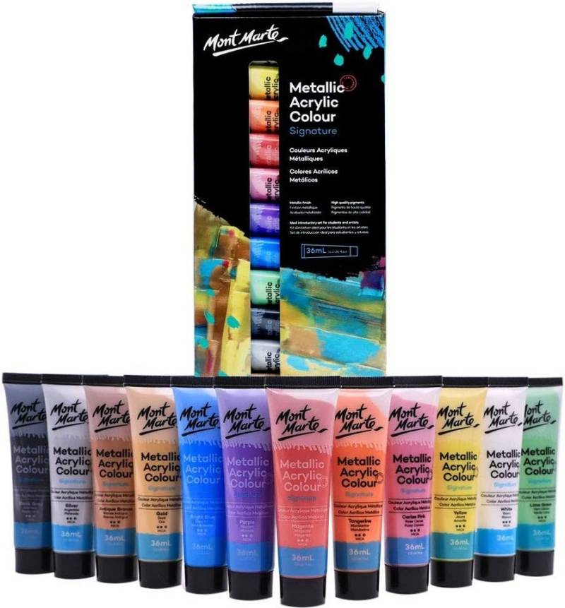 Mont Marte Acrylfarbe Metallic-Farbset, 12 x oder 36 x abgestimmte Farben in 36 ml (wählbar), Gut deckende Farben & Metallic-Optik von Mont Marte