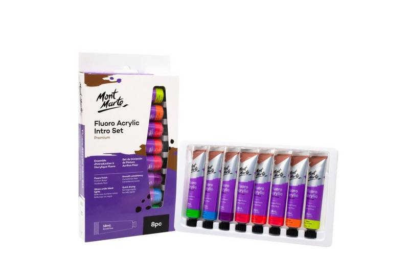 Mont Marte Acrylfarbe Fluoreszierend, 8 x 18 ml in Tuben in abgestimmte Töne, Lichtechte Farben mit großer Deckkraft, Neoneffekt unter Schwarzlicht von Mont Marte