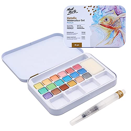 Mont Marte Aquarellfarben Metallic – 18 Wasserfarben – Inklusive Wassertankpinsel, Schwamm, Palette – Kompaktes Set – Ideal für Aquarellmalerei von Mont Marte