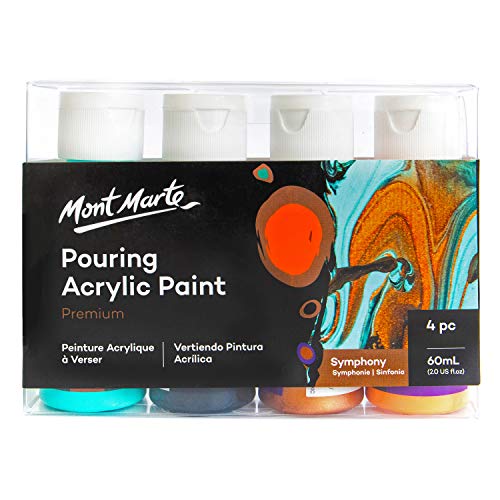 Mont Marte Pouring Set Symphonie – 4 x 60ml – Acryl Pouring – Acrylfarben mit Pouring Medium vorgemischt – Türkis, Lampen Schwarz, Bronze, Orange von Mont Marte