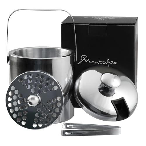 Montafox Edelstahl Eiswürfelbehälter 1,3 Liter Doppelwandig Eiswürfelkühler 100% BPA frei Eiseimer Eiswürfel Aufbewahrung Eiskübel Isoliert von Montafox