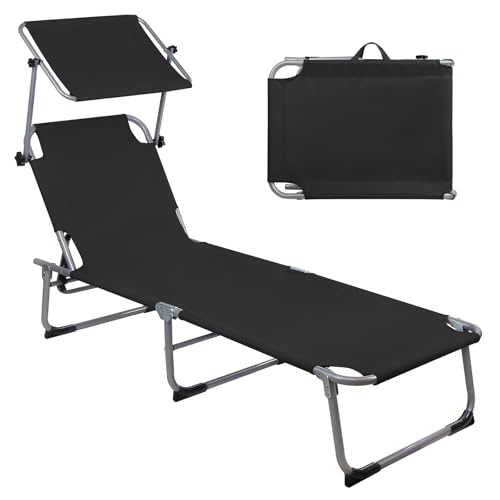 Montafox Sonnenliege 195 x 59 x 32 cm Strand Liege Tragbar max.150 kg Sonnendach Verstellbarer Rückenlehne Garten Pool Terrasse Klappbarer Liegestuhl, Farbe:Schwarz von Montafox