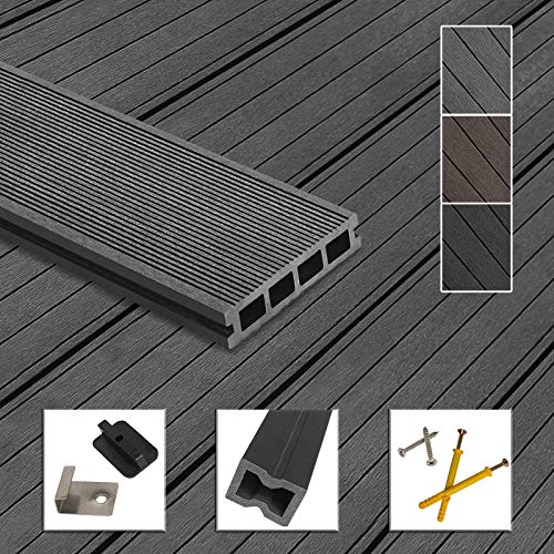Montafox WPC Terrassendielen Dielen Komplettset Hohlkammerdiele Komplettbausatz Unterkonstruktion Clips, Größe (Fläche):66 m² 2.2m, Farbe:Grau von Montafox