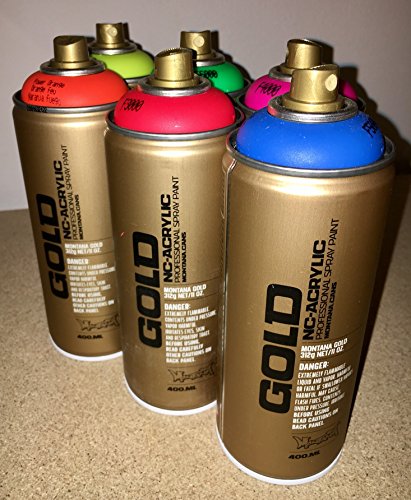 Sprühdosen Montana Gold fluoreszierende Neon Farben 6x400ml inkl. Sprühköpfe verschieden Strichbreiten von Montana