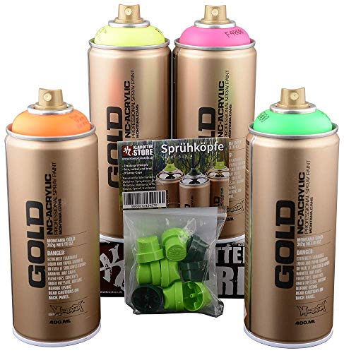 Montna Gold Sprühdosen Set - fluoreszierend - 4x400ml - Neonorange, Neongelb, Neonpink, Neongrün + Ersatzsprühköpfe - schnelltrocknender Lack auf Acrylbasis, hochdeckend von Montana