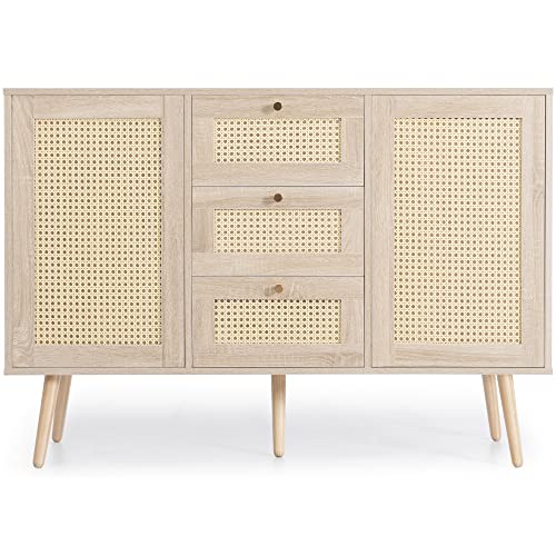 Montary Nachttisch Kommode mit 2 Türen und 3 Schubladen, Rattan Sonoma Eiche, Verstellbare Ablage, Massivholzfüßen für Wohnzimmer Schlafzimmer-120 x 82 x 40 cm (B/H/T) (1er Set) von Montary