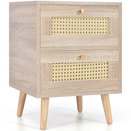 Montary Nachttisch Nachtschrank Beistelltisch mit 2 Schubladen, Eiche Rattan Schubladenfronten aus Rattangeflecht Sofatisch Passend zu Jedem Bett & Schlafzimmer - H55/B40/T40 cm von Montary