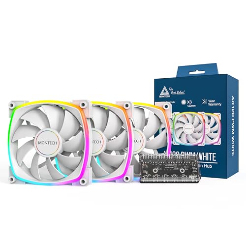 MONTECH AX 120 mm – PWM-Lüfter – leise Leistung – hohe Geschwindigkeit 1600 PWM – High-End-Haltbarkeit mit HDB-Lager – atemberaubendes Außenring ARGB-Beleuchtungsdesign – 3-in-1 Packung mit 6 x 6 von Montech