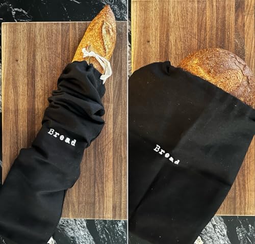 Montecito Home Schwarzes Kombi-Set mit einem 30,5 x 38,1 cm Boule und einem 15,2 x 66 cm Baguette-Brotbeutel aus natürlichem Leinen, wiederverwendbarer Beutel mit Kordelzug für hausgemachtes Brot, von Montecito Home