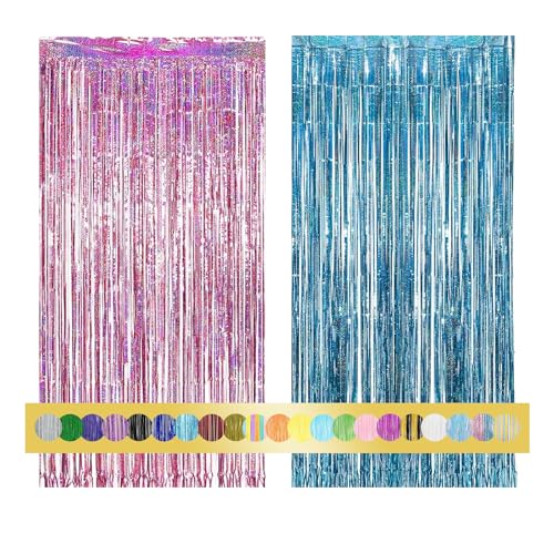 2 Stück Lametta Vorhänge Rosa Blau Glitzer Hintergrund Dekoration Folien Fransen Silvester Geburtstag Hochzeit Partydeko Luftschlangen Deko für Disco Party Hochzeit Party Dekoration Neujahr von Montegoni