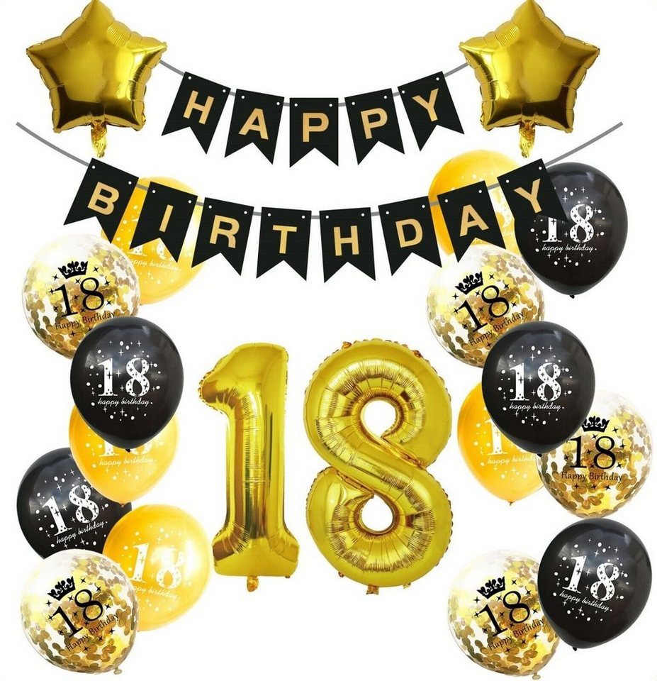 Montegoni Aufblasbares Partyzubehör 18 Geburtstag Deko Set Schwarz Gold, 20 Teilig Set: Girlande, Zahlen, Stern, Konfetti, Latex Ballons von Montegoni