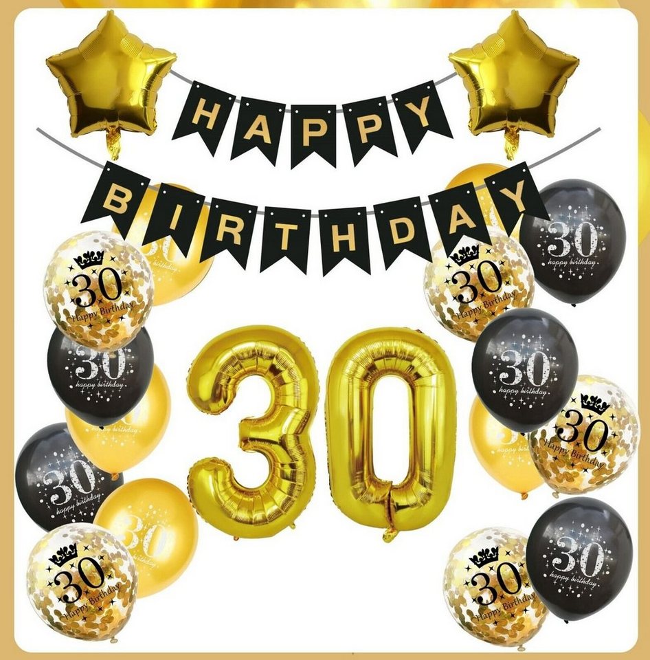 Montegoni Aufblasbares Partyzubehör 30 Geburtstag Deko Set Schwarz Gold, 20 Teilig Set: Girlande, Zahlen, Stern, Konfetti, Latex Ballons von Montegoni