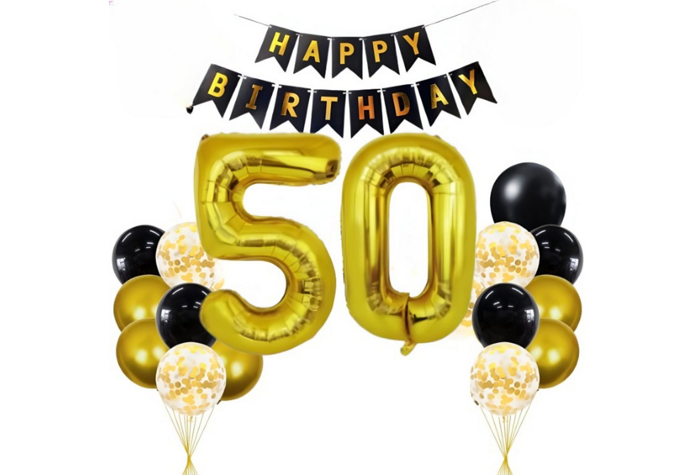 Montegoni Aufblasbares Partyzubehör 50 Geburtstag Deko Set Schwarz Gold, 20 Teilig Set: Girlande, Zahlen, Stern, Konfetti, Latex Ballons von Montegoni